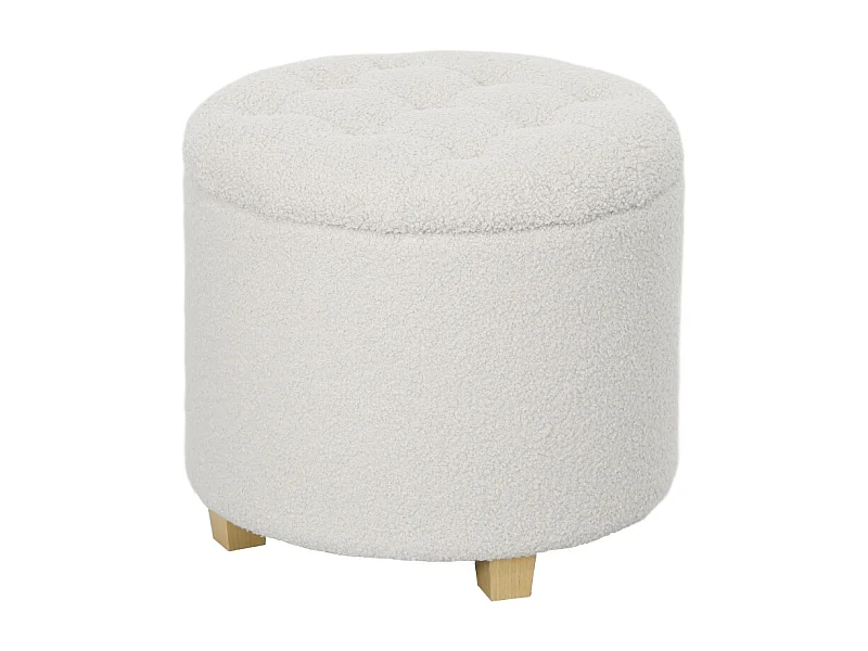 Pouf de rangement rond, tissu doux, bois massif, blanc (45x45x41 cm)