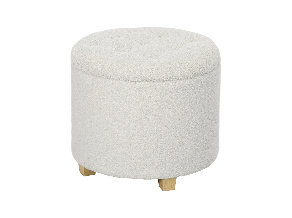 Pouf de rangement rond, tissu doux, bois massif, blanc (45x45x41 cm)