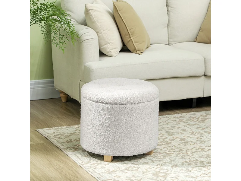 Pouf de rangement rond, tissu doux, bois massif, blanc (45x45x41 cm)