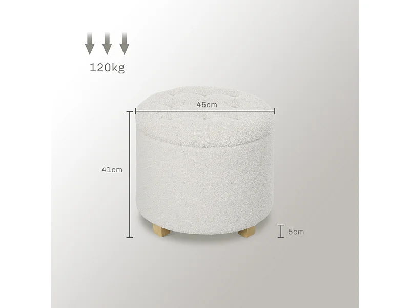 Pouf de rangement rond, tissu doux, bois massif, blanc (45x45x41 cm)