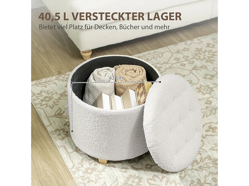 Pouf de rangement rond, tissu doux, bois massif, blanc (45x45x41 cm)