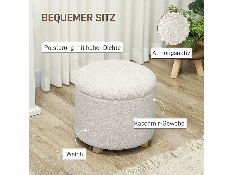 Pouf de rangement rond, tissu doux, bois massif, blanc (45x45x41 cm)