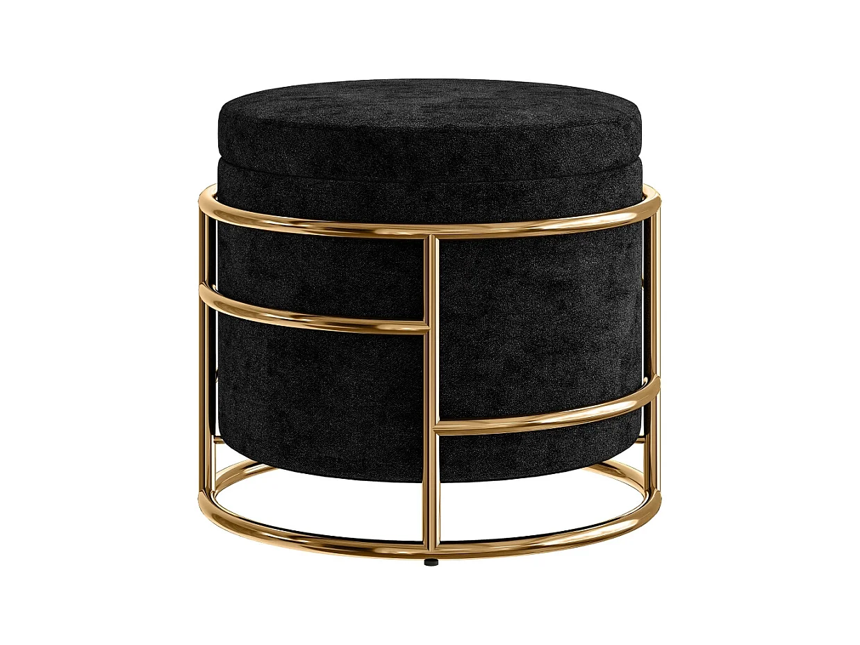Pouf avec rangement, tissu velours, pieds en métal doré, noir (Ø42x39 cm)