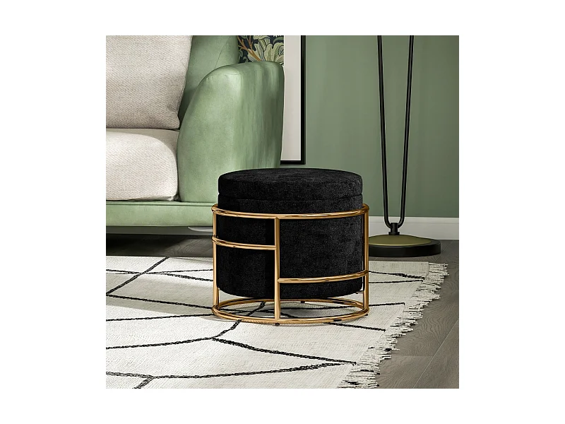 Pouf avec rangement, tissu velours, pieds en métal doré, noir (Ø42x39 cm)