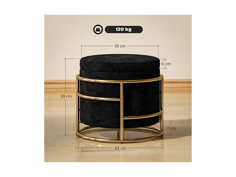 Pouf avec rangement, tissu velours, pieds en métal doré, noir (Ø42x39 cm)