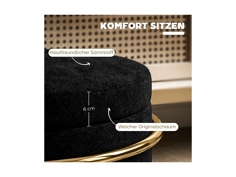 Pouf avec rangement, tissu velours, pieds en métal doré, noir (Ø42x39 cm)