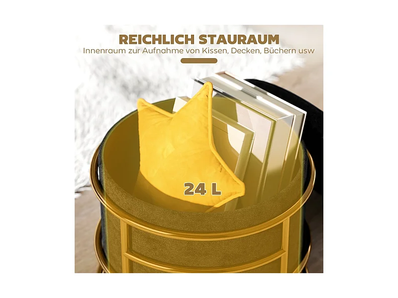 Pouf avec rangement, tissu velours, pieds en métal doré, noir (Ø42x39 cm)