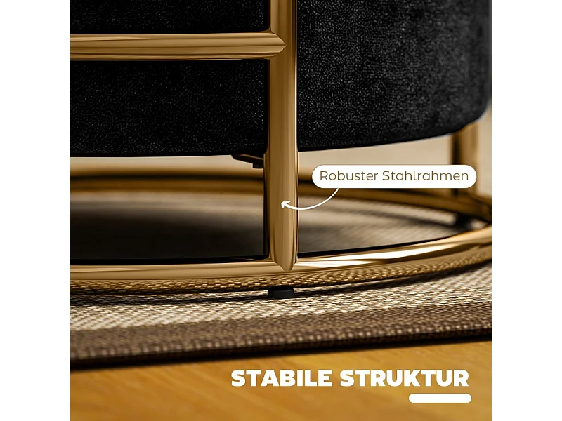 Pouf avec rangement, tissu velours, pieds en métal doré, noir (Ø42x39 cm)