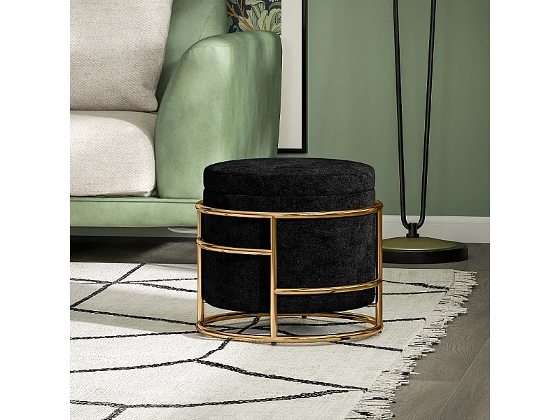 Pouf contenitore, tessuto in velluto, gambe in metallo dorato, nero (Ø42x39 cm)