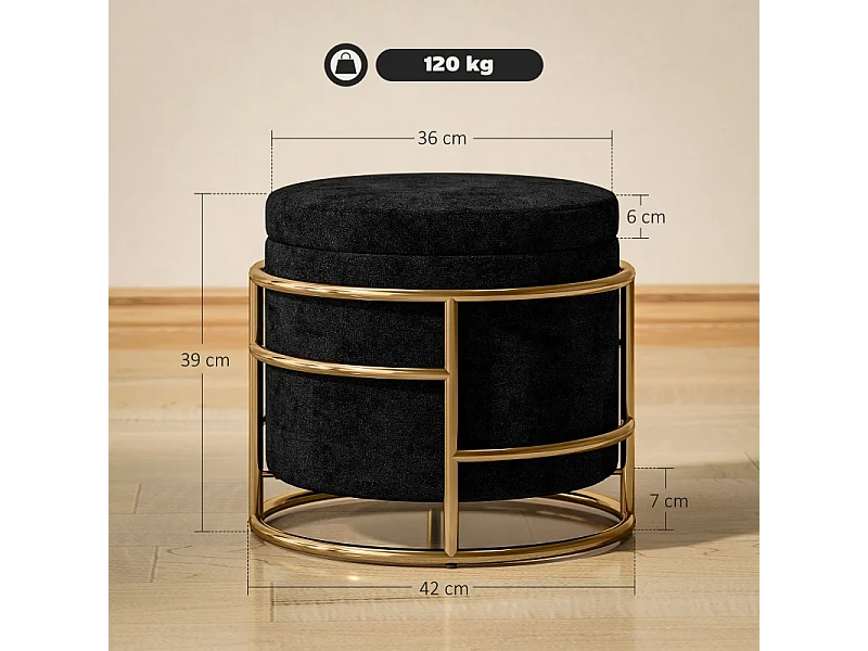 Pouf contenitore, tessuto in velluto, gambe in metallo dorato, nero (Ø42x39 cm)