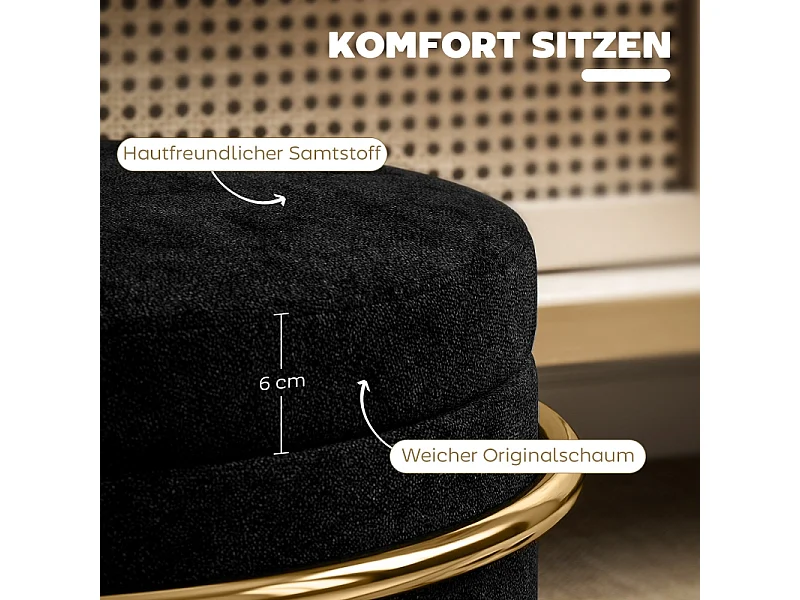 Pouf contenitore, tessuto in velluto, gambe in metallo dorato, nero (Ø42x39 cm)