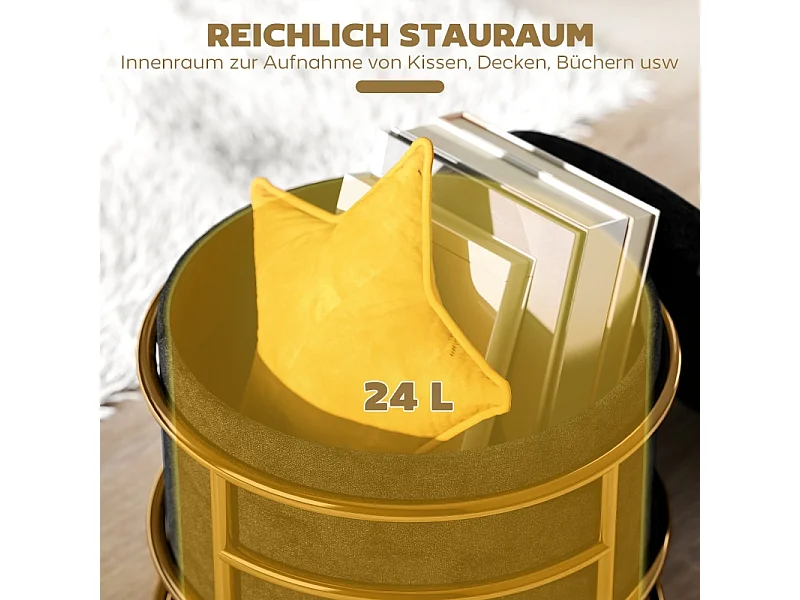 Pouf contenitore, tessuto in velluto, gambe in metallo dorato, nero (Ø42x39 cm)