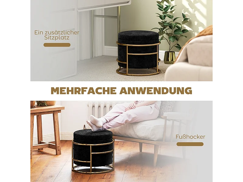 Pouf contenitore, tessuto in velluto, gambe in metallo dorato, nero (Ø42x39 cm)