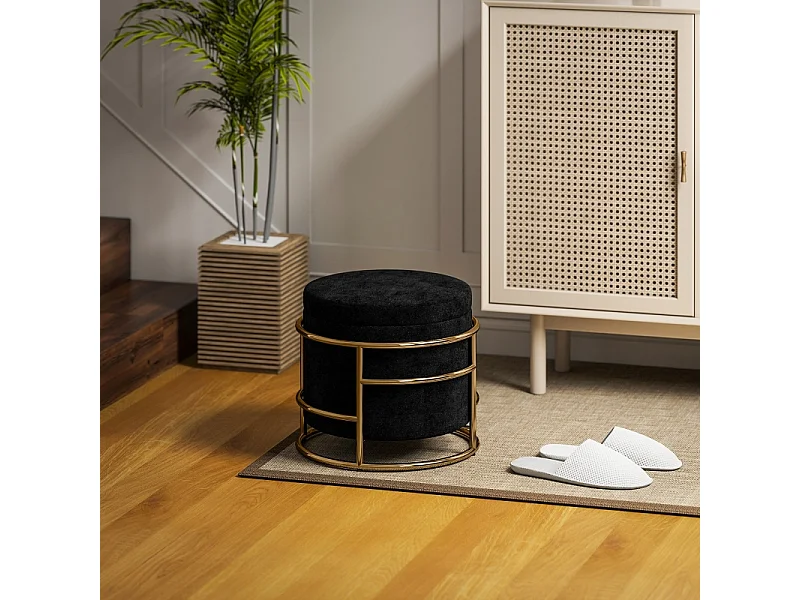 Pouf contenitore, tessuto in velluto, gambe in metallo dorato, nero (Ø42x39 cm)