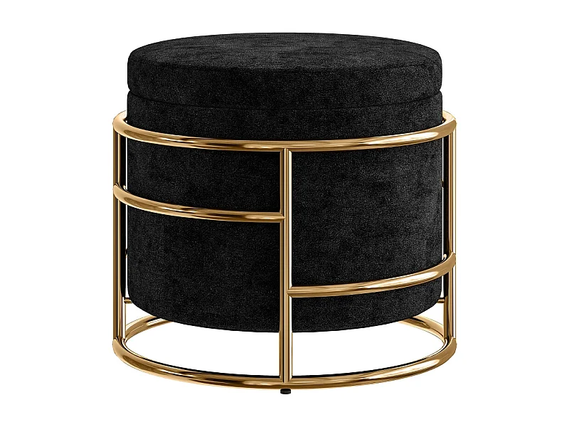 Pouf contenitore, tessuto in velluto, gambe in metallo dorato, nero (Ø42x39 cm)