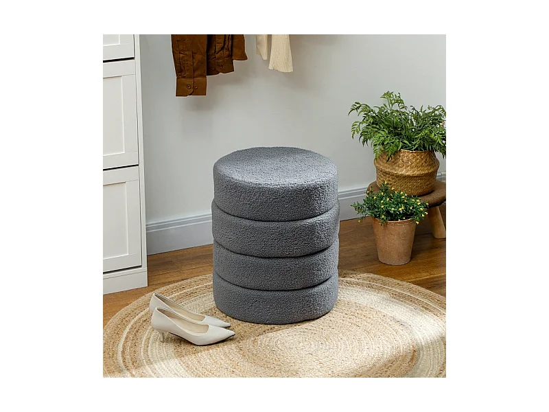 Hocker rond, Teddyfleece, jusqu'à 120kg, Gris foncé (Φ40x45 cm)