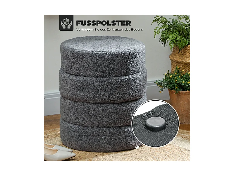 Hocker rond, Teddyfleece, jusqu'à 120kg, Gris foncé (Φ40x45 cm)