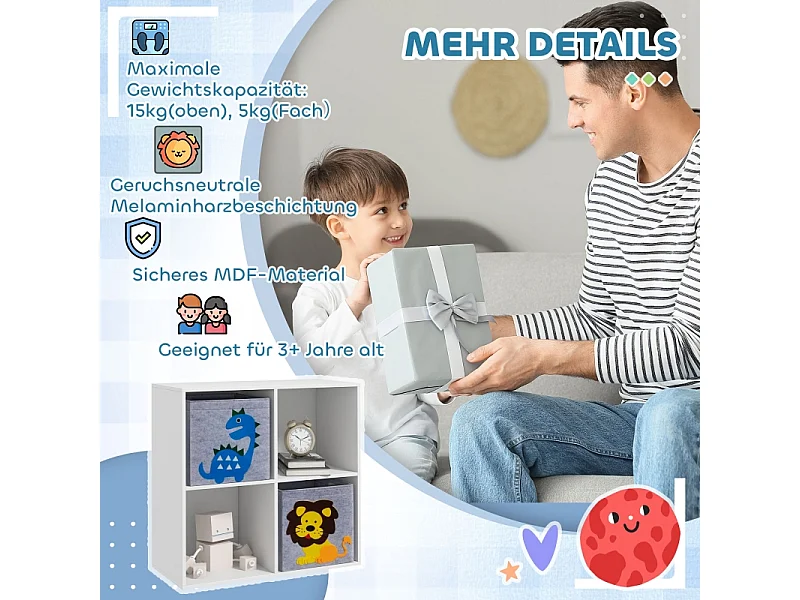 Bibliothèque enfant avec 2 boîtes de rangement, étagères, en MDF, gris et blanc (61.8x29.9x61.8 cm)