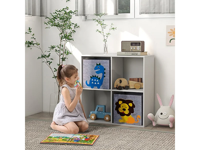 Libreria per bambini con 2 contenitori, ripiani, in MDF, grigio e bianco (61,8x29,9x61,8 cm)