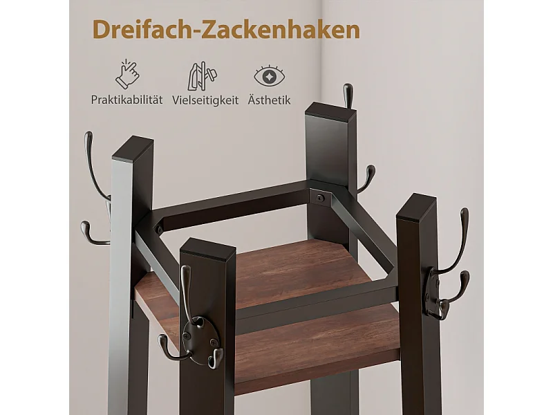 Porte-manteau avec 4 étagères, métal et bois, 8 crochets, style industriel, marron, (34.8x34.8x179 cm)