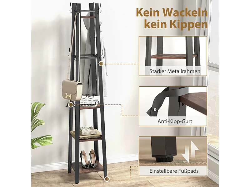 Porte-manteau avec 4 étagères, métal et bois, 8 crochets, style industriel, marron, (34.8x34.8x179 cm)