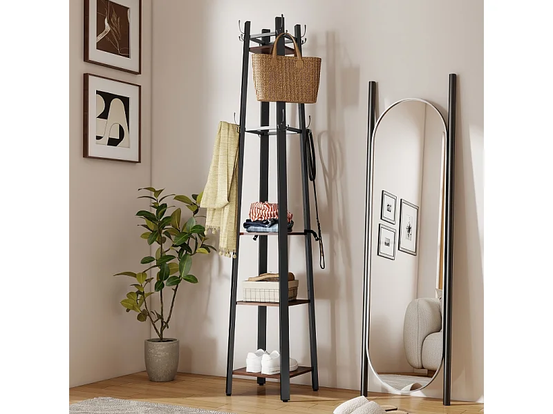 Porte-manteau avec 4 étagères, métal et bois, 8 crochets, style industriel, marron, (34.8x34.8x179 cm)