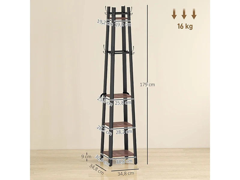 Porte-manteau avec 4 étagères, métal et bois, 8 crochets, style industriel, marron, (34.8x34.8x179 cm)