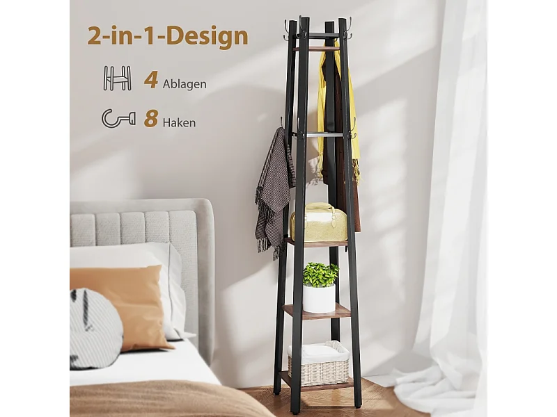 Porte-manteau avec 4 étagères, métal et bois, 8 crochets, style industriel, marron, (34.8x34.8x179 cm)