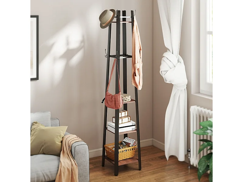 Porte-manteau avec 4 étagères, métal et bois, 8 crochets, style industriel, marron, (34.8x34.8x179 cm)