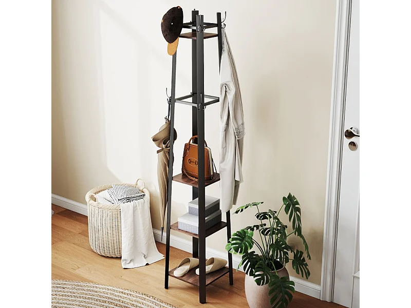 Porte-manteau avec 4 étagères, métal et bois, 8 crochets, style industriel, marron, (34.8x34.8x179 cm)