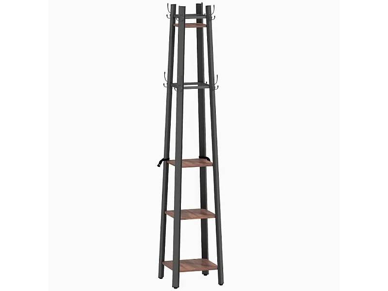 Porte-manteau avec 4 étagères, métal et bois, 8 crochets, style industriel, marron, (34.8x34.8x179 cm)