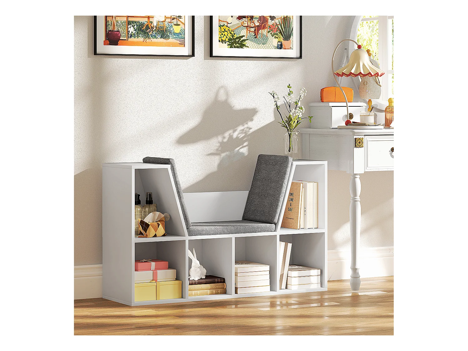 Bibliothèque avec coussin, étagère de rangement, matériaux en panneau de particules, blanc, (105x30x63 cm)