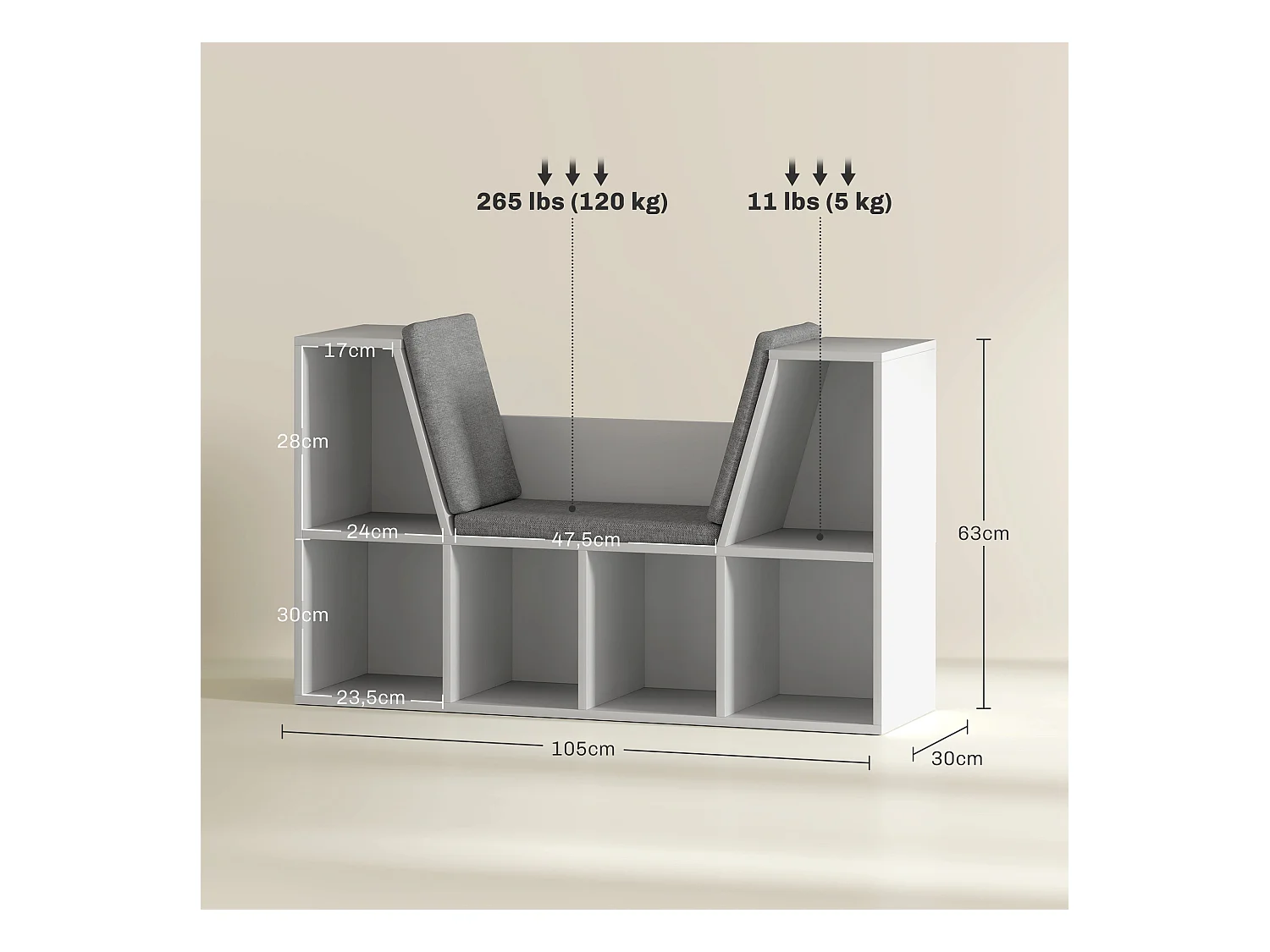 Bibliothèque avec coussin, étagère de rangement, matériaux en panneau de particules, blanc, (105x30x63 cm)