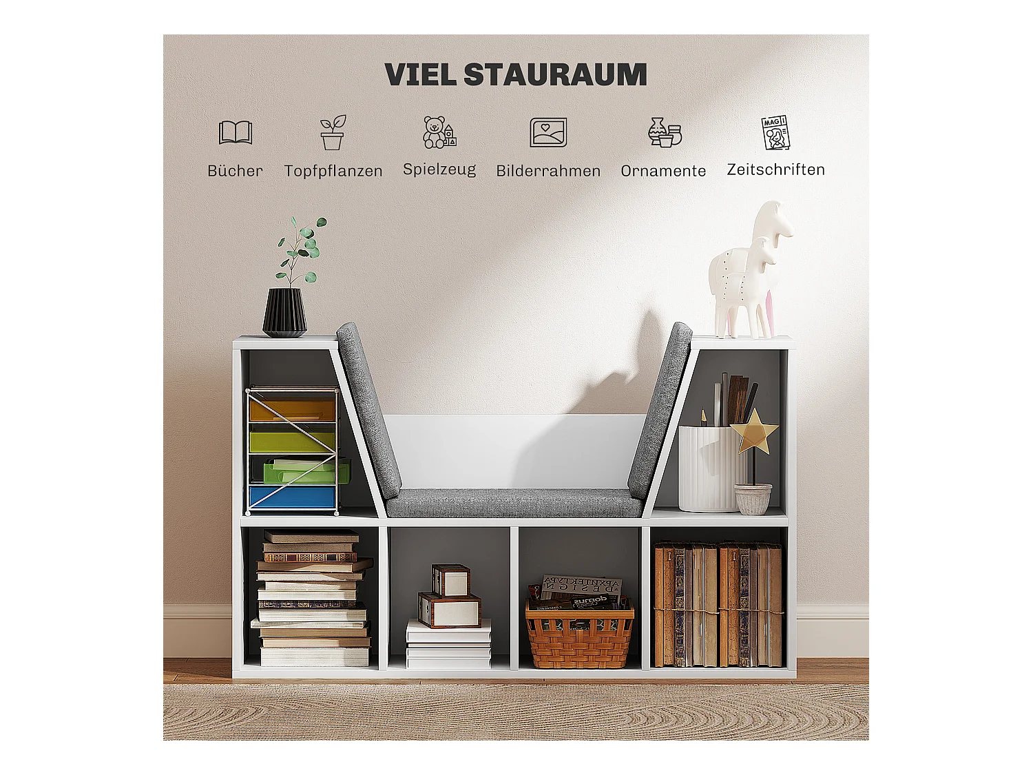 Bibliothèque avec coussin, étagère de rangement, matériaux en panneau de particules, blanc, (105x30x63 cm)