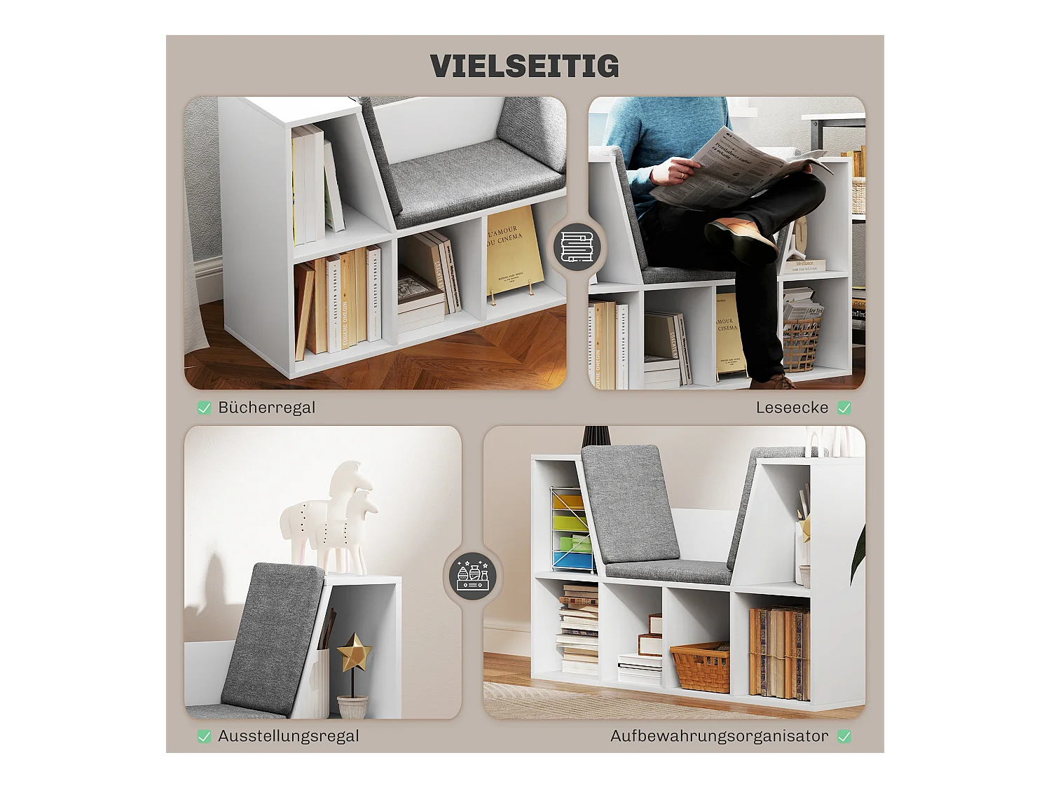 Bibliothèque avec coussin, étagère de rangement, matériaux en panneau de particules, blanc, (105x30x63 cm)