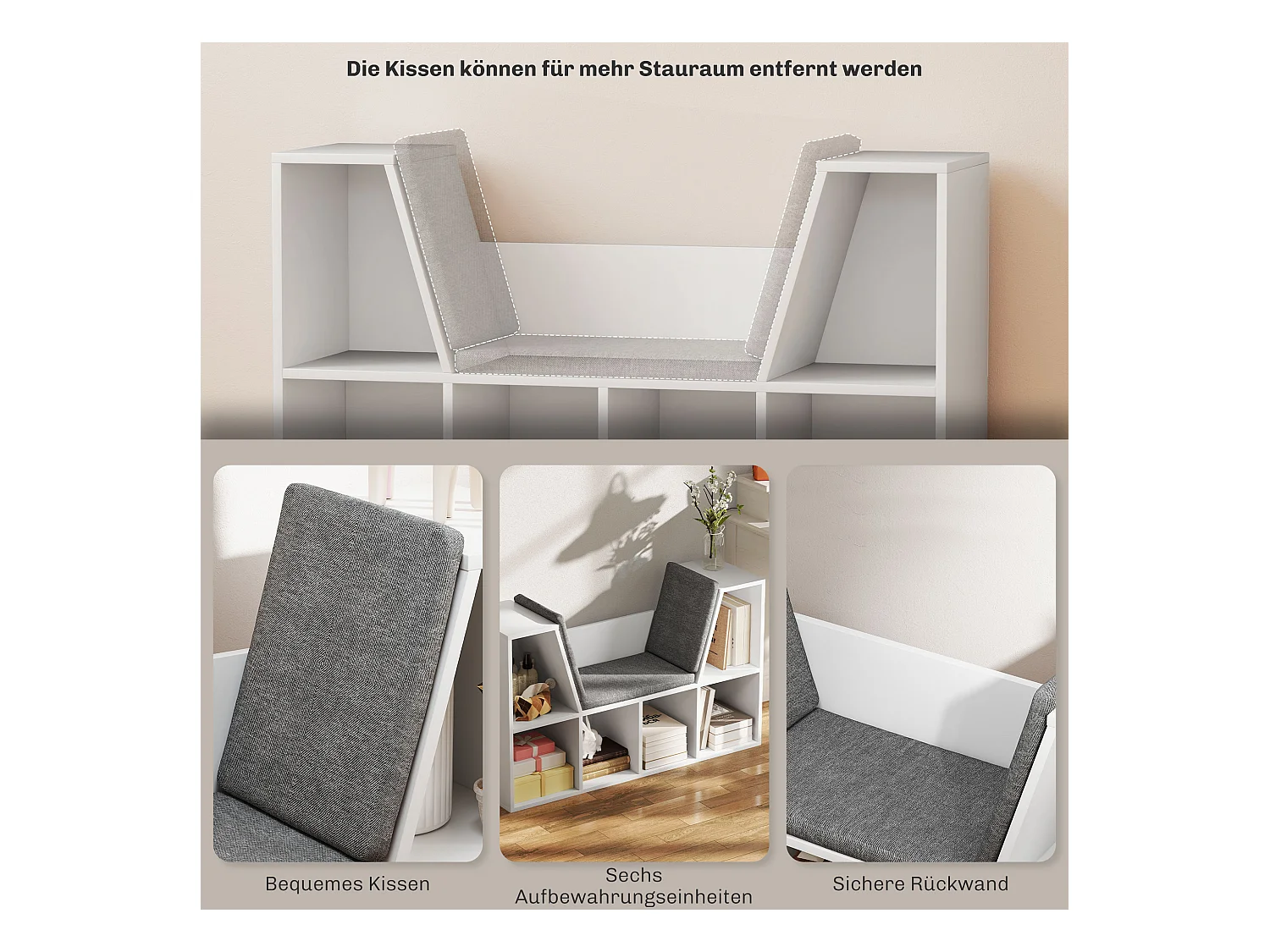 Bibliothèque avec coussin, étagère de rangement, matériaux en panneau de particules, blanc, (105x30x63 cm)