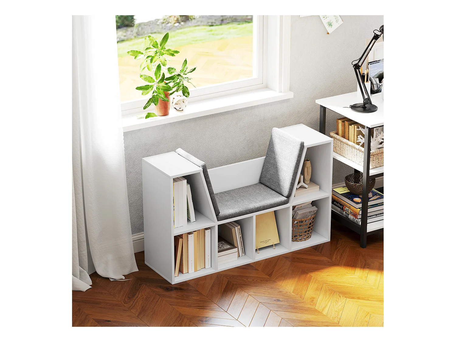 Bibliothèque avec coussin, étagère de rangement, matériaux en panneau de particules, blanc, (105x30x63 cm)