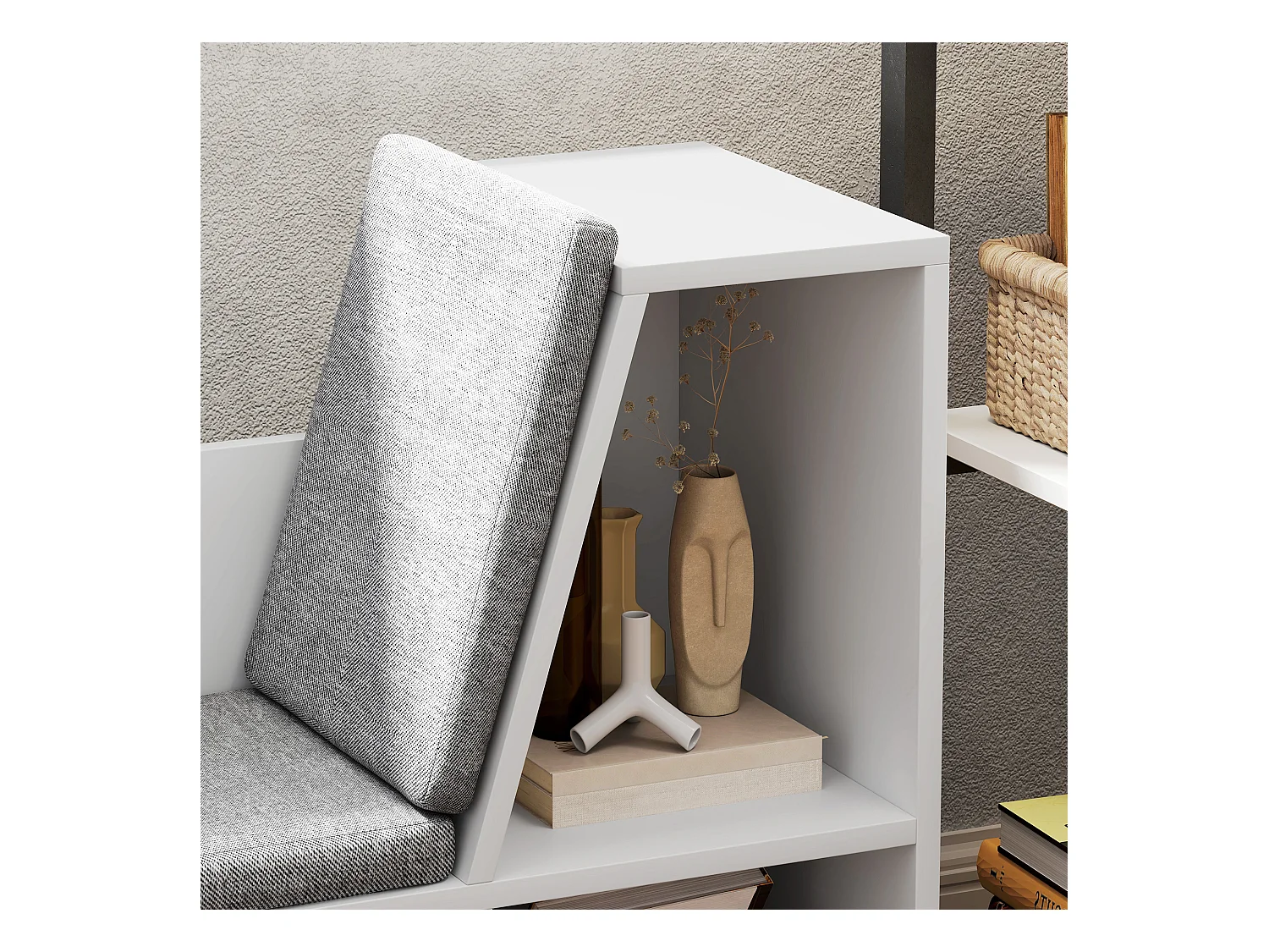 Bibliothèque avec coussin, étagère de rangement, matériaux en panneau de particules, blanc, (105x30x63 cm)