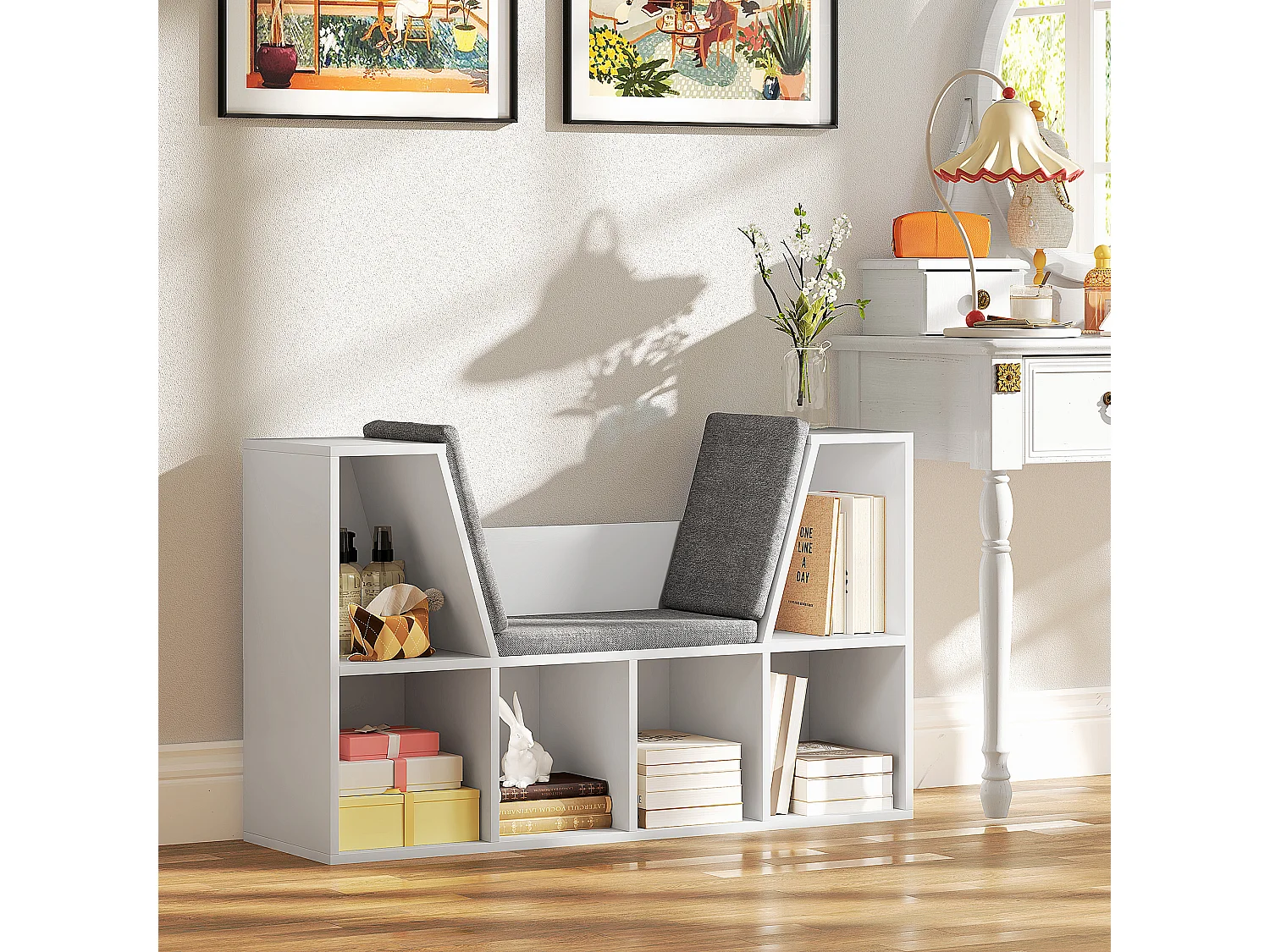 Libreria con cuscino, ripiano portaoggetti, materiali in truciolato, bianco, (105x30x63 cm)