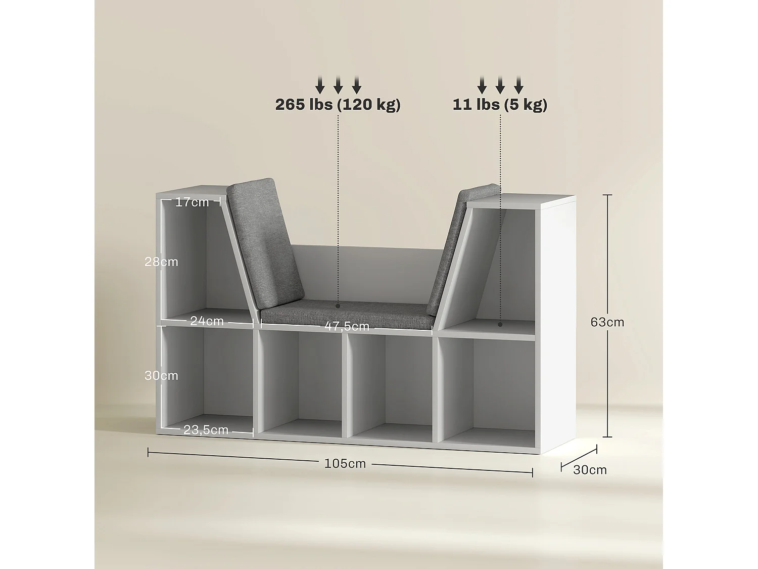Libreria con cuscino, ripiano portaoggetti, materiali in truciolato, bianco, (105x30x63 cm)