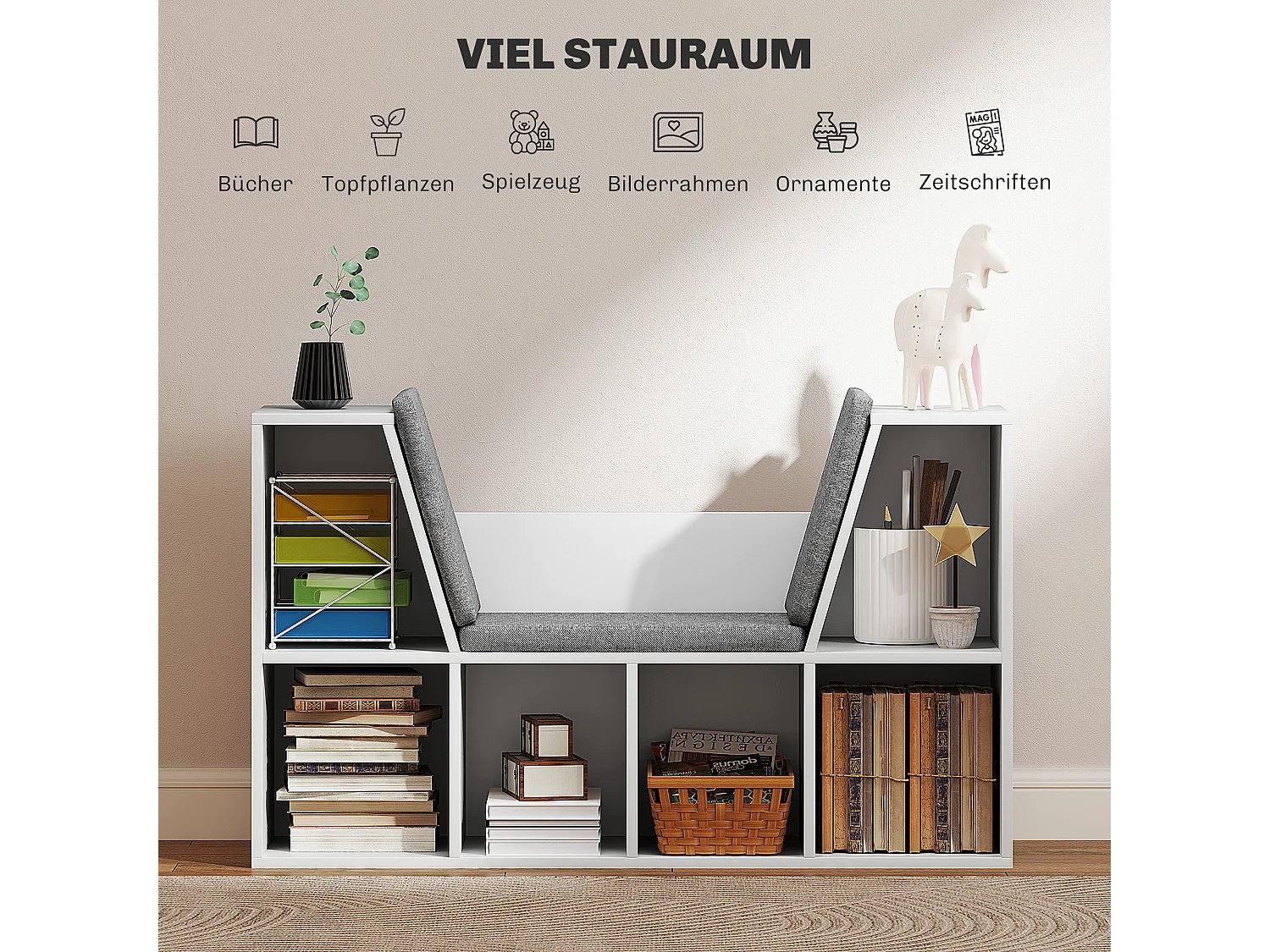 Libreria con cuscino, ripiano portaoggetti, materiali in truciolato, bianco, (105x30x63 cm)