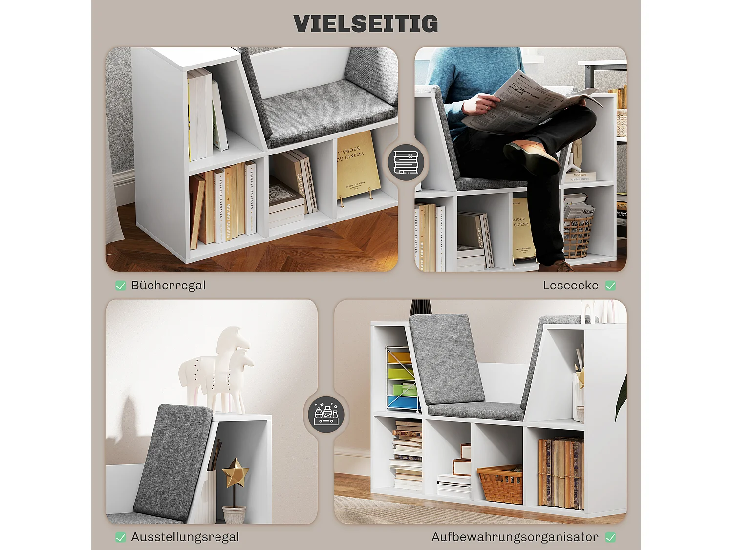 Libreria con cuscino, ripiano portaoggetti, materiali in truciolato, bianco, (105x30x63 cm)
