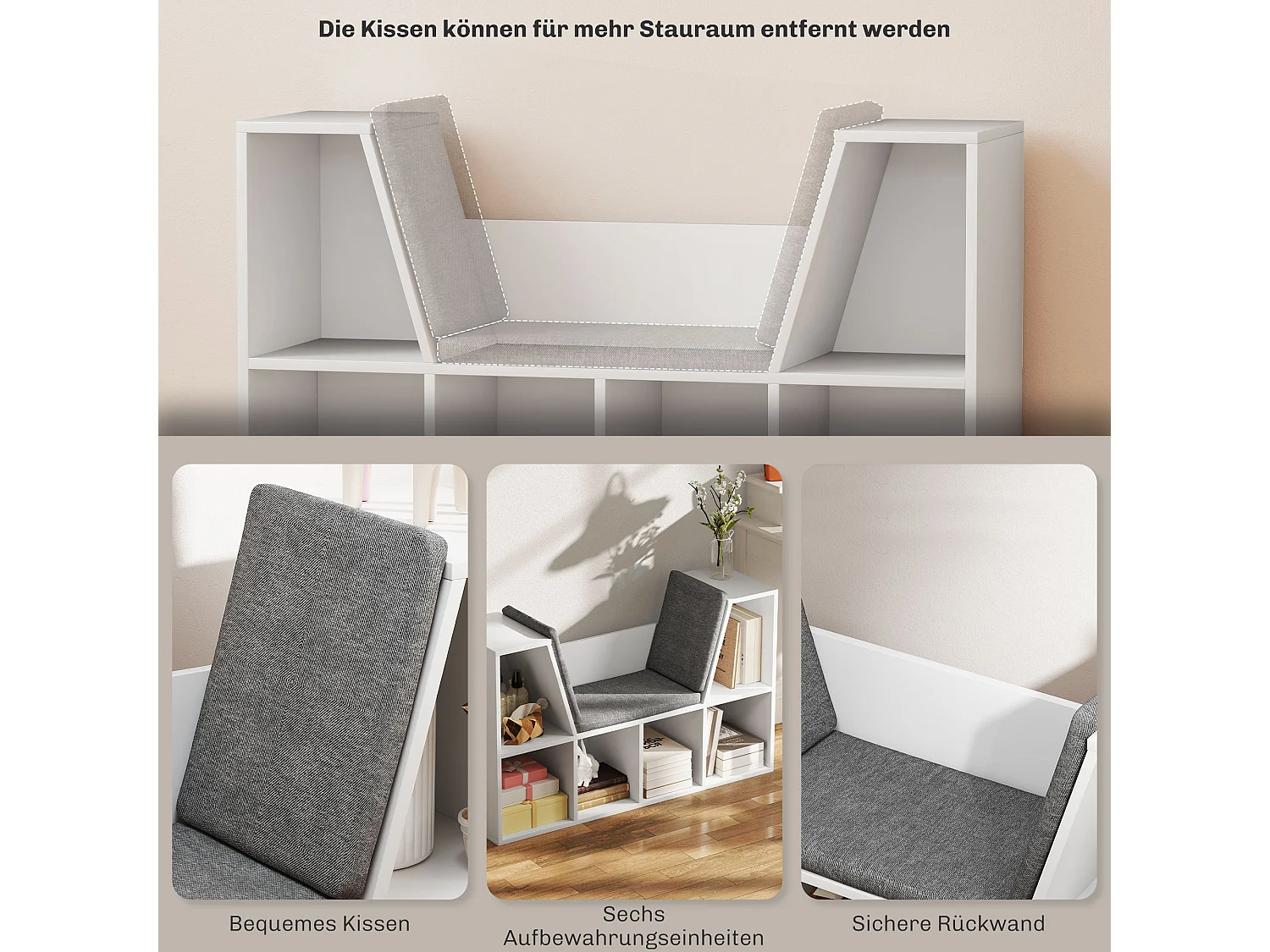 Libreria con cuscino, ripiano portaoggetti, materiali in truciolato, bianco, (105x30x63 cm)