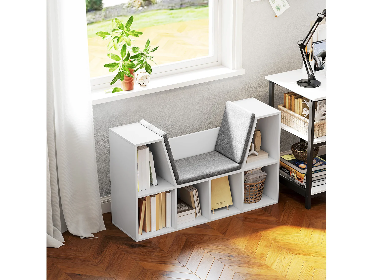 Libreria con cuscino, ripiano portaoggetti, materiali in truciolato, bianco, (105x30x63 cm)