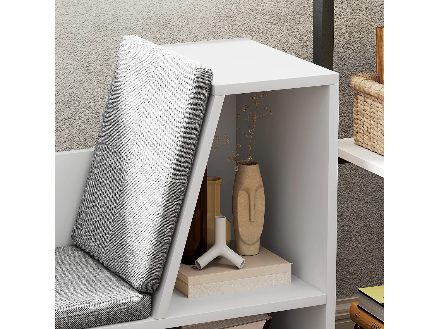 Libreria con cuscino, ripiano portaoggetti, materiali in truciolato, bianco, (105x30x63 cm)