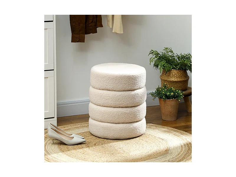 Hocker rond, Teddyfleece, jusqu'à 120kg, Beige (Φ40x45 cm)