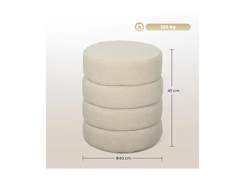 Hocker rond, Teddyfleece, jusqu'à 120kg, Beige (Φ40x45 cm)