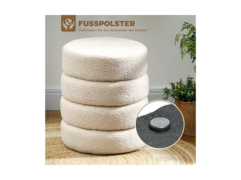 Hocker rond, Teddyfleece, jusqu'à 120kg, Beige (Φ40x45 cm)