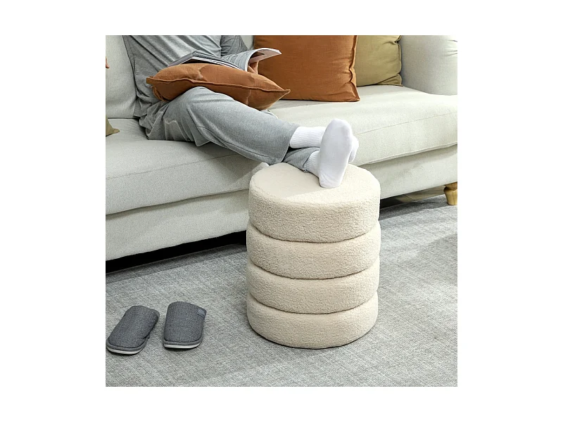 Hocker rond, Teddyfleece, jusqu'à 120kg, Beige (Φ40x45 cm)