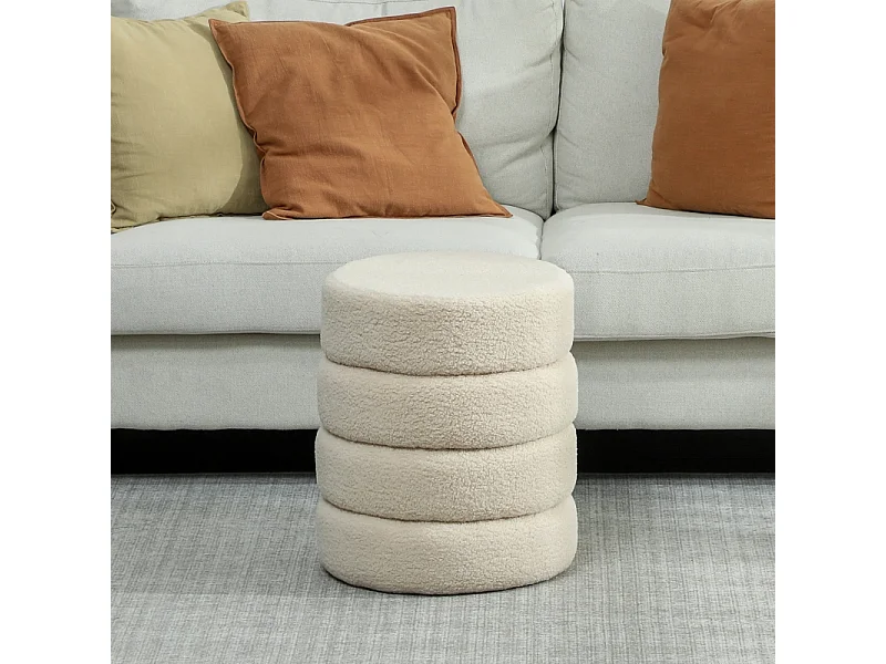 Hocker rond, Teddyfleece, jusqu'à 120kg, Beige (Φ40x45 cm)